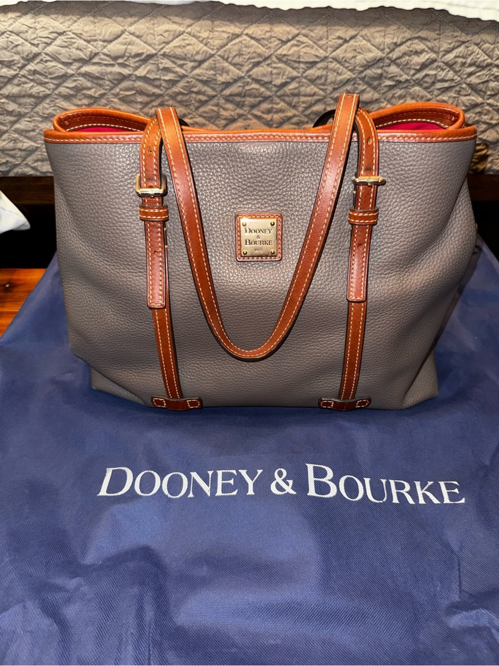 Dooney & Bourke Gray Pebbled Leather Tote with Brown Trim
